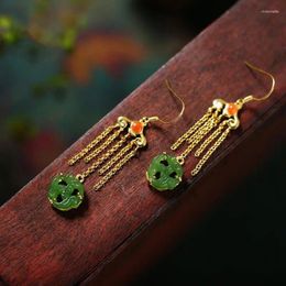 Dangle Earrings S925 Sterling Silver Natural Hetian Jade Xiangyun Jasper Spinach Green Small Flower Retro Chinese Ornament