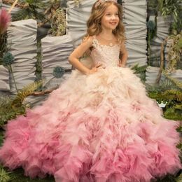 Sequined Sparkly Flower Girl Dresses Ball Gown Sheer Neck Tulle Lilttle Kids Birthday Pageant Weddding