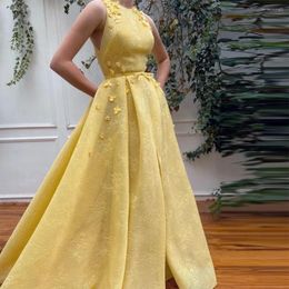 Party Dresses Sevintage Baby Yellow 3D Flowers Tulle Prom O-Neck Sleeveless Pleat Ruched A-Line Evening Gowns Wedding Dress
