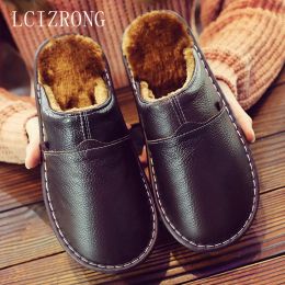 Boots Lcizrong Leather Home Slippers for Men Winter Warm Plush Slippers Bedroom Genuine Leather Unisex Men/women House Indoor Shoes