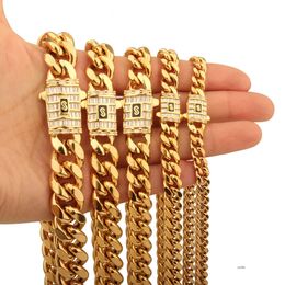 6mm-14mm Hip Hop Stainless Steel Miami Cuban Link Chain Necklace Real Gold Plated T Zircon Clasp Mens Necklace Jewelry