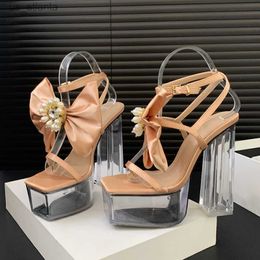 Dress Shoes CRYSTAL Transparent High Heels Women Sandals Design Style String Bead Button Strap Platform Banquet Party H240403ONV1