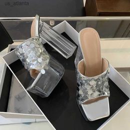 Dress Shoes Liyke New Style Transparent Thick Heels Slippers For Women Silver Sequined Square Toe Party Prom Chunky Platform Sandals H240403