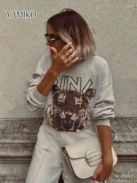 Women's Hoodies YAMIKO Beige Tiger Print Sweatshirts For Women Long Sleeve O Neck Pullover Tops 2024 Autumn Winter Sweatshirt Streetwear Top