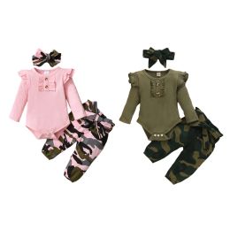 Recém -nascidos Baby Camouflage Clothing Set com fita para a cabeça de meninas de 3 peças de malha de roupa de malha para roupas de manga comprida de bebê roupas de outono