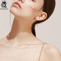 ORSA JEWELS 14K Gold 925 Sterling Silver Pearl Necklace with 3-4mm Handmade Natural Baroque Pearl Tiny Chain for Women GPN19