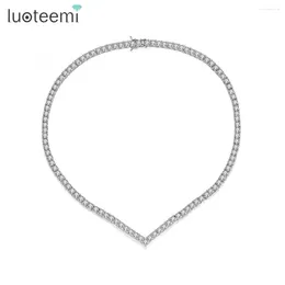 Chains LUOTEEMI V Shape Luxury Tennis Necklace For Women Small Cubic Zircon Paved Girl Fashion Jewellery Wedding Bridal Choker