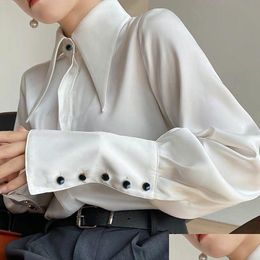 Women'S Blouses & Shirts Womens Autumn Vintage Satin Silk Women Shirt Elegant Turn Down Collar Woman Blouse White Long Sleeve Ladies Dhkwl