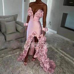 Party Dresses Baby Pink Mermaid Prom With Handmade Flowers High Slit Evening Dress Sexy Wedding Reception Without Gloves