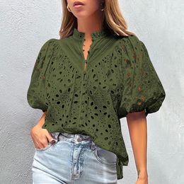 Women's Blouses Spring Summer Puff Sleeve Single Breasted Lady Top Elegant Stand Neck Lace Holiday Shirt Fashion Embroidered Hollow Solid