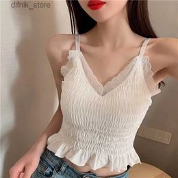 Women's Tanks Camis Sexy Tank Top Lace Halter Crop Tops Women Summer Pleated Camis Backless Camisole Casual Tube Top Female Sleeveless Cropped Vest Y240403