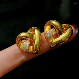 Stud Earrings Love Heart For Women 925 Silver Needle Shine Gold Colour Luxury Party Accessories Fine Jewellery