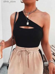 Women's Tanks Camis Ribbed Knit Bodysuits Summer Cut Out Sexy Bodysuit One Shoulder Slim Sleeveless Bodycon Top Club Women Clothes Fashion New Y240403