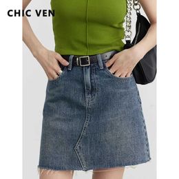 Urban Sexy Dresses CHIC VEN Women Skirts Retro Mini A-line Split Raw Edge Denim Short Skirt for Girl Fashion Design Ladies Clothing Summer 2023 2443