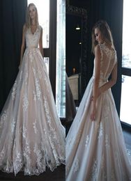 2020 Champagne A Line Wedding Dresses Deep V Neck Country Style Lace Appliqued Bridal Gowns Custom Made Tulle Wedding Dress8126376