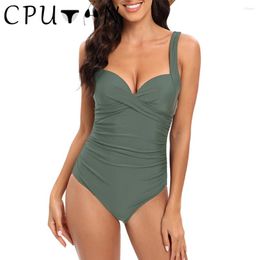 Women's Swimwear CPUTAN 2024 Sexy Push Up Bikini Set One Piece Swimsuit Women Ruched Tummy Control Female Vintage Monokini Bathing Suit