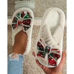 Slippers Winter Women Christmas Plaid Bowknot Non-Slip Fuzzy Flat With Casual Style Femme Indoor Homewear Shoes