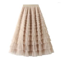 Skirts Fashion Elegant Maxi Cake Skirt Harajuku Solid Mesh Pleated Women Party Loose Long Streetwear Casual Clothes Faldas