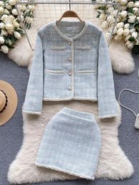 Work Dresses Autumn Winter Sweet Pearls Tweed Two-Pieces Set Women's Plaid Single Breasted Beading Jacket Coat And Woolen Mini Skirt Suit