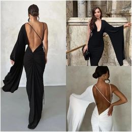 Party Dresses Sexy Backless Prom Dress V Neck Casual Elastic Long Maxi Evening Gown Full Trumpet Sleeves Robes Plus Size Skirt