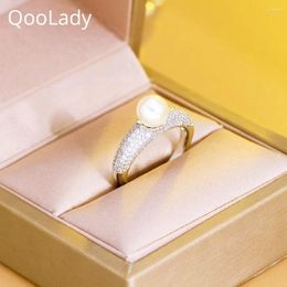 Wedding Rings QooLady Graceful Pearl Charm CZ Zircon Silver Colour Adjustable Bridal Bands For Women Party Jewellery Accessory F097