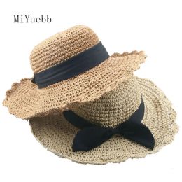 Accessories child Girl adult woman summer hat British retro bow princess curling straw hat dome flat roof beach sunscreen Foldable cap 3MZ3X