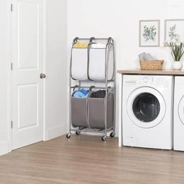 Laundry Bags 2 Tier Vertical Rolling Cart - Storage On Wheels With 4 X Tote Hampers For Towels Basket Dirty Home