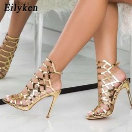 Dress Shoes Design Golden Open Toe Thin Heels Women Sandals Designer Narrow Band Buckle Strap Gladiator Ladies Zapatos Mujer H240403