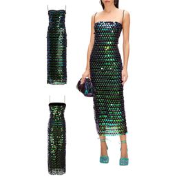 2023 Fashion Womens Midi Bodycon Dress Sequins Spaghetti Strap Sleeveless Sling Cocktail Summer Backless Party Club 240403