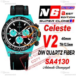 DIW Celeste Quartz Carbon SA4130 Automatic Chronograph Mens Watch N6F V2 Blue Black Dial Nylon Strap Super Edition Same Serial Card Puretime Reloj Hombre PTRX