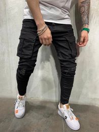 Fashion Mens Stretchy Skinny Jeans Male Casual Streetwear Jogger Pants Jeans High Street Multiple Pockets Slim Fit Denim Pants 240318