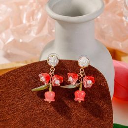 Dangle Earrings Pearl Flowers Bell Orchids Drop Tassel Statement Jewelry Red Purple