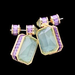 Earrings New Luxury Peridot Green Jade Earrings With Microinlaid Purple Diamond Square Charm Vintage Earrings For Women Party Jewelry