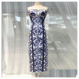 Basic Casual Dresses Womens Dress Blue And White Porcelain Printed Silk Gathered Waist Midi Slip Drop Delivery Apparel Clothing Otloh