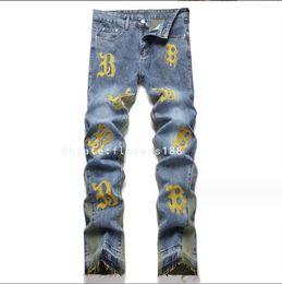 Men's Jeans New Blue Lettering Jeans Embroidered Elastic Free Loose Straight Micro Horn Men's Jeans Jeans For Women Jeans For Women Designer Jeans Girls Jeans Grey