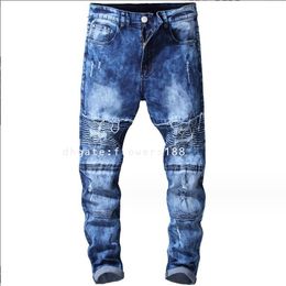 Men's Jeans 2024 New Jeans Men Folded Motorcycle Pants Ripped Men's Jeans Trendy Jeans Mens Designer blue Embroidery Jeans Pant