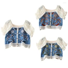 Women's Blouses Vintage Crochet Knitted Flower Cardigans For Women Puff Short Sleeve Square Neck Button Up Crop Top