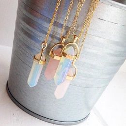 Pendant Necklaces Jewelry For Women Hexagonal Column Quartz Pendants Fashion Stone Pink Crystal Necklace