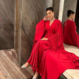 Elegant Long Red V-Neck Evening Dresses With Sleeves A-Line Chiffon Middle East Ankle Length Zipper Back Prom Dresses for Women