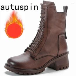 Boots AUTUSPIN Winter Warm Mid Calf Women's Shoes Outdoor Retro Genuine Leather Ladies Motorcycle Arrival Casual Thick Heels