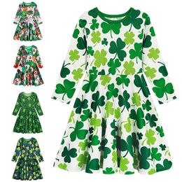 Jurebecia Girls Dress St Patrick Day Toddler Girl Outfit Clover Long Sleeves Clothes 240403