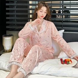 Home Clothing Spring Autumn Canary Velvet Set For Women Lace Cardigan Womens 2 Piece Outfit Sweet Printing Cherry Women's Pyjamas