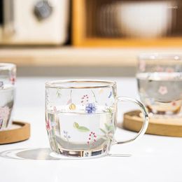 Wine Glasses Coffee Mug Borosilicate Glass Creative Flower Pattern Tea Water Breakfast Cup With Handle Home Transparent Drinking Gift