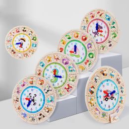 Montessori Educational Toys Wooden Clock for Kids Children Colour Shape Matching Puzzle Hand Grab Board Game Time Teaching Clock