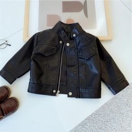 Jackets 2024 Spring Autumn Kids Jacket Black Stylish PU Coat Baby Girl Short Fashionable Streetwear Leather Clothes