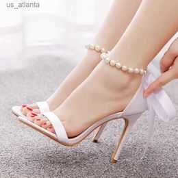 Dress Shoes Summer New Brand Ankle Strap Sandal String Bead PU 10.5CM Thin Heels Buckle Wedding Womens Champagne H240403