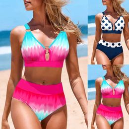 Women's Swimwear New Summer Womens Colorful Halo Dye Printed Tank Top Two piece Swimwear Lace Sexy Beach Set S-5XL J240403