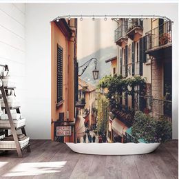 Shower Curtains 3D European Country Town Streetscape Printed Curtain Bathroom Waterproof Set Home Decor Aesthetic With Hooks