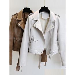 Women'S Leather & Faux Womens Ftlzz Spring Autumn Women Jacket Slim Streetwear Khaki Coat Biker Moto With Belt Female Outerwearwomens Dhkyo