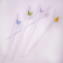 Drinking Straws Butterfly Glass Straw Reusable Flower Strawberry Curved Tea Coffee Transparent 5/6 2pcs Brush